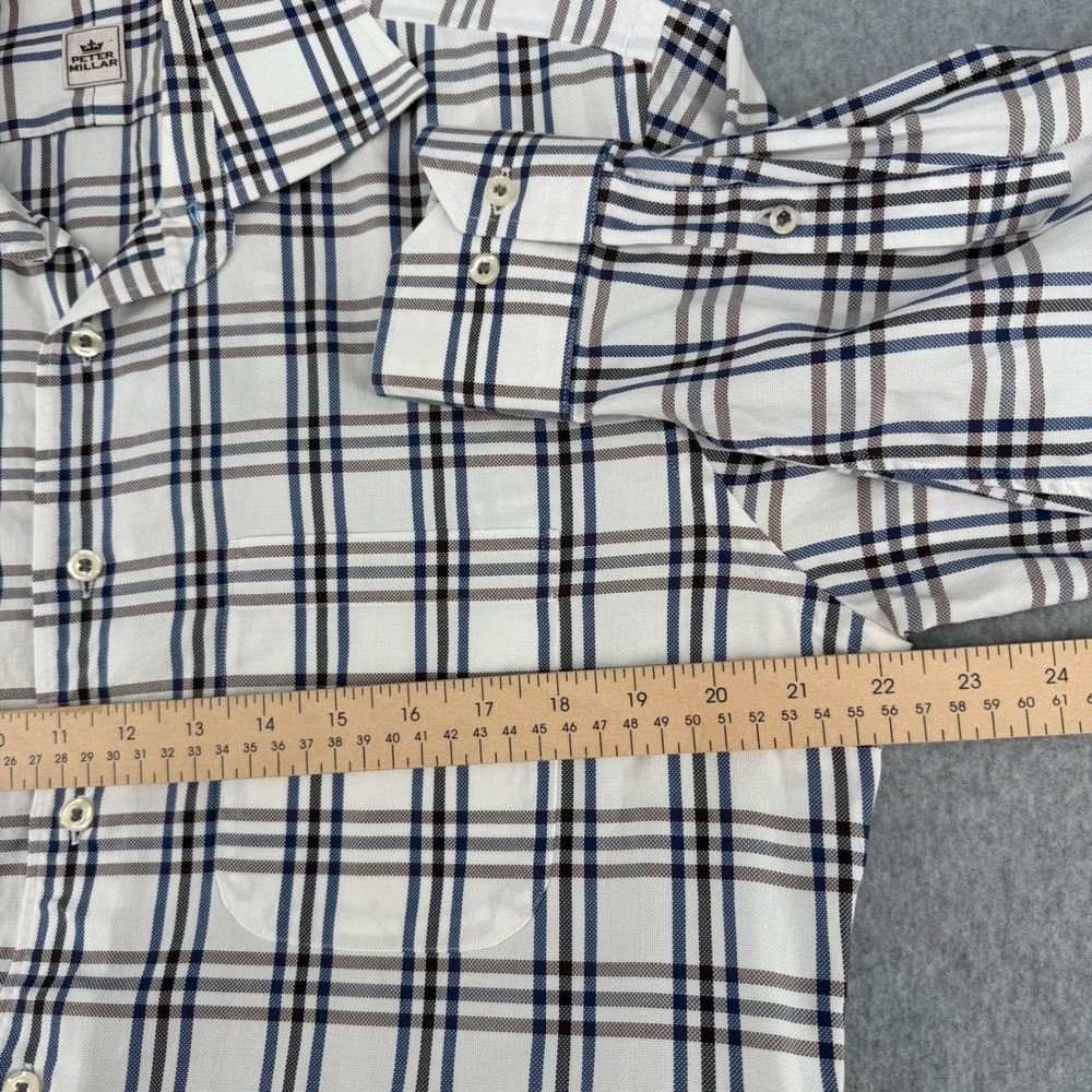 Peter Millar Mens Medium White Blue Brown Plaid Cotton Button Down Shirt LS - Picture 5 of 12